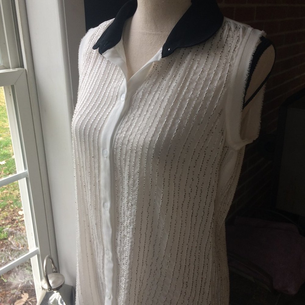 Cream beaded Blouse With Black Collar